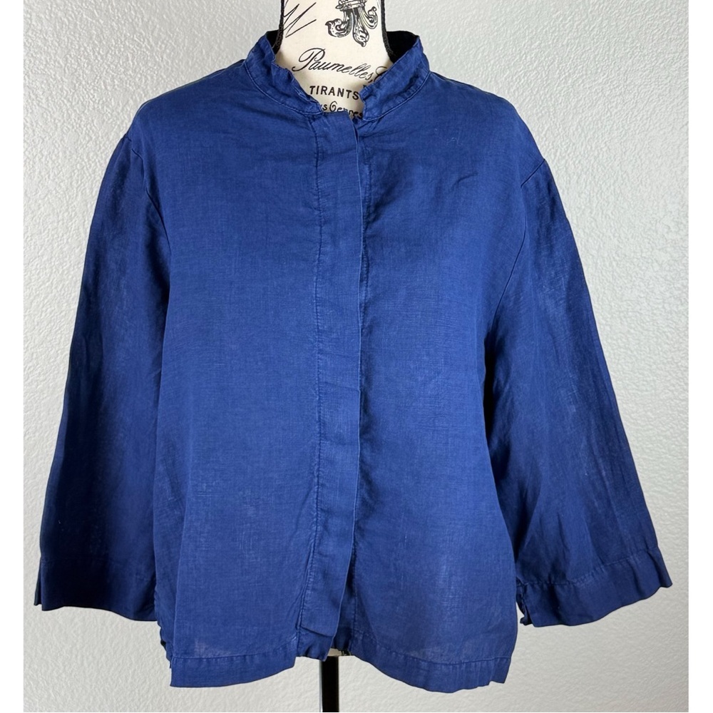 Bryn Walker Women's 100% Linen Navy 3/4 Sleeve Button Down Cropped Top Small